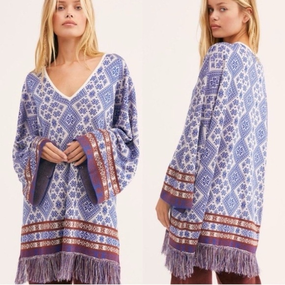 Free People Retro 70s Bohemian Poncho Sweater Tunic Top Fringe Small Oversized - Picture 15 of 16